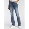 Bootcut-Jeans ARIZONA "mit Keileinsätzen" Gr. 48, N-Gr, blau (mid, blau, used), Damen, Denim/Jeans, Obermaterial: 76% Baumwolle, 16% Polyester, 7% Viskose, 1% Elasthan, Jeans, ausgestellte Beinform, niedrige Leibhöhe, elastisches Material