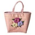 RICE Große Raffia Tasche mit Blumenstickerei, L:35 cm, B:35 cm, H:25 cm, Rosa