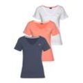 T-Shirt H.I.S "Essential-Basics", Damen, Gr. 40/42, bunt (blau, weiß, koralle), Obermaterial: 100% Baumwolle, Basic, figurumspielend hüftlang, V-Ausschnitt, Kurzarm, Shirts, hüftlange Passform, figurumspielender Schnitt, aus 100% Baumwolle