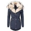 Wintermantel NAVAHOO "Sweety", Damen, Gr. M (38), blau (navy), Obermaterial: 60% Polyester, 40% Baumwolle, Futter: 100% Polyester, Wattierung: 100% Polyester, Ärmelfutter: 100% Polyester, Kunstpelz: 90% Polyacryl, 10% Polyester, kontrastfarbene Details, casual, figurbetont Po-bedeckend, Langarm Ärmel ohne Ärmelschlitz Rippstrickbündchen, Mäntel, Winterparka mit 2 Kunstpelz-Kapuzen