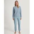 Pyjama CALIDA "Soft Dreams", Damen, Gr. L (48/50), blau (sterling blau), Frottee, Obermaterial: 85% Baumwolle, 13% Polyester, 2% Elasthan, unifarben, gestreift, casual, bequem lang, Rundhals, Homewear-Sets, mit zartem Ringel-Design