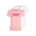 T-Shirt TOMMY JEANS "TJW 2PACK ESSENTIAL LOGO TEE", Damen, Gr. L (40), ecru, pink sugar, Single Jersey, Obermaterial: 70% Baumwolle, 30% Viskose, bedruckt, casual, slim fit kurz, Rundhals, Kurzarm abgesteppt, Shirts, mit Logodruck