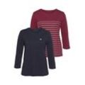 3/4-Arm-Shirt TOM TAILOR, Damen, Gr. S (34), bunt (navy, bordeaux, geringelt), Jersey, Obermaterial: 100% Baumwolle, casual, gerade hüftlang, Rundhals, Shirts, im Doppel - immer Ringel + uni