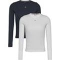 Langarmshirt TOMMY JEANS "TJW 2PACK SLIM ESSENTIAL RIB LS", Damen, Gr. XL (42), blau (weiß, schwarz night navy), Single Jersey, Obermaterial: 95% Baumwolle, 5% Elasthan, unifarben, Basic, slim fit hüftlang, Rundhals, Langarm abgesteppt, Shirts, in Rippoptik, mit Logostickerei