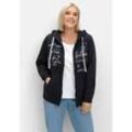 Kapuzensweatjacke SHEEGO "Große Größen", Damen, Gr. 48, blau (marine), Obermaterial: 100% Baumwolle, bedruckt, casual, figurumspielend normal, Rundhals, Langarm, Sweatjacken, mit Print und Kängurutasche