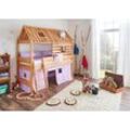 Spielbett Tom´s Hütte und Bett Kim Buche massiv natur geölt. Textilset purple/weiß/herz