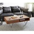 DELIFE Couchtisch Stonegrace 115x60 cm Akazie Braun Schiefer 2 Schubladen 1 Fach V-Fuß Schwarz, Couchtische