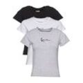 T-Shirt KARL KANI "Karl Kani Damen Small Signature 3-Pack Essential Tight Tee", Herren, Gr. XXL, schwarz-weiß (weiß, schwarz, grau), 63% Baumwolle, 31% Polyester, 6% Elasthan, bedruckt, casual, normal, Rundhals, Kurzarm, Shirts