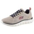 Slip-On Sneaker SKECHERS "TRACK-LESHUR", Herren, Gr. 39, blau (taupe, navy), Textil, Lederimitat, kontrastfarbene Details, sportlich, Schuhe, Freizeitschuh, Trainingsschuh, Schlupfschuh im Materialmix