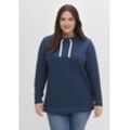 Sweatshirt SHEEGO "Große Größen", Damen, Gr. 40/42, blau (indigo meliert), Obermaterial: 60% Baumwolle, 40% Polyester, unifarben, casual, figurumspielend normal, U-Boot-Ausschnitt, Langarm, Sweatshirts, aus Waffelpiqué, Tunnelzug am Ausschnitt