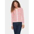 Strickjacke SAINT TROPEZ "MilaSZ Striped Cardigan", Damen, Gr. L (40), ice and f. scarlet stripe, Strick, Obermaterial: 80% Viskose, 20% Polyacryl, gestreift, modisch, Rundhals, Langarm, Strickjacken