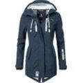 Funktionsmantel MARIKOO "Zimtzicke", Damen, Gr. XS (34), blau, Oberstoff: 98% Polyester, 2% Elasthan, Futter: 100% Polyester, Ärmelfutter: 100% Polyester, casual, figurbetont Po-bedeckend, hoch geschlossener Ausschnitt, Langarm Ärmel ohne Ärmelschlitz Rippstrickbündchen mit Klettverschluss, Mäntel, Wasserdichter Softshell Parka mit Kapuze