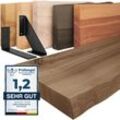 Wandregal Holz Baumkante Regal Farbe: Nussbaum mit schwarzem Basic Regalträger 90 cm - Lamo Manufaktur