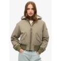 Bomberjacke SUPERDRY "HOODED MA1 BOMBER JACKET", Damen, Gr. L, grün (light khaki grün), Web, Obermaterial: 70% Baumwolle, 30% Nylon, unifarben mit Farbeinsatz, casual, relaxed fit, Langarm Rippbündchen, Jacken