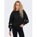 Sweatshirt ONLY "ONLBECCA L/S O-NECK SWT", Damen, Gr. S (36), schwarz detail:penny heart (cloud dancer), Sweatware, Obermaterial: 78% Baumwolle, 22% Polyester, bestickt, modisch, regular fit, Rundhals, Langarm, Sweatshirts, mit Stickerei