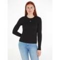 Langarmshirt TOMMY JEANS "TJW SLIM ESSENTIAL RIB LS", Damen, Gr. M (38), schwarz, Rippware, Obermaterial: 95% Baumwolle, 5% Elasthan, unifarben, casual, slim fit hüftlang, Rundhals, Langarm eingesetzt abgesteppt, Shirts, mit Logostickerei