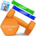 KESSER® Hanteln Hantelset 2er Set 2kg - 5kg farbig, Kurzhanteln Neopren, Hexagon, Krafttraining, Workout, Fitnesstraining, für Zuhause Mit Übungsheft, 2x Fitnessbänder