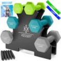 KESSER® Hantel-Set, 3 Paar, 1kg - 5kg, 12kg oder 18kg kurzhanteln mit Ständer Aufbewahrung, Fitnessstudio, Krafttraining, Hantelset rutschfeste Neopren, Mit Übungsheft, 2x Fitnessbänder