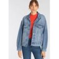 Jeansjacke LEVI'S "90S TRUCKER", Damen, Gr. M (36/38), blau (mittelblau), Denim/Jeans, Obermaterial: 79% Baumwolle, 21% Lyocell, used, casual, figurumspielend hüftlang, Langarm Manschette, Jacken