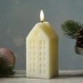 LED Kerze Haus - Echtwachskerze in Hausform - flackernde 3D Flamme - Timer - H: 15cm - creme