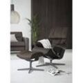 Relaxsessel STRESSLESS "Reno", braun (braun batick), B:83cm H:100cm T:76cm, Leder BATICK: BATICK ist ein leicht korrigiertes, durchgefärbtes und genarbtes Möbelleder, bei dem die meisten Unebenheiten und Spuren in der Regel entfernt wurden., Sessel, mit Hocker, mit Cross Base, Größe S, M & L, Holzakzent Schwarz