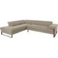 Ecksofa W.SCHILLIG "finn, Designsofa mit tollem Sitzkomfort, bequem, L-Form", braun (sesame s22), B:281cm H:71cm T:230cm, Flachgewebe S22 (100% Polyester), Stoff S37 (100% Polyester), Longlife Xtra-Leder Z59: Glattleder mit modischer Prägung. Hautstärke 0, 9 - 1, 1 mm, Sofas, German Design Award 2016, Fußgestell Nussbaum natur, Breite 281 cm