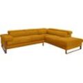 Ecksofa W.SCHILLIG "finn, Designsofa mit tollem Sitzkomfort, bequem, L-Form", gelb (brandy s37), B:281cm H:71cm T:230cm, Flachgewebe S22 (100% Polyester), Stoff S37 (100% Polyester), Longlife Xtra-Leder Z59: Glattleder mit modischer Prägung. Hautstärke 0, 9 - 1, 1 mm, Sofas, German Design Award 2016, Fußgestell Nussbaum natur, Breite 281 cm