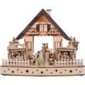 Weihnachtsdorf "Weihnachtsdeko", beige (naturfarben), B:18cm H:24,5cm T:29,5cm, Holz, MYFLAIR MÖBEL & ACCESSOIRES, Weihnachtsdörfer, mit LED Beleuchtung und Musik, Höhe ca. 24 cm