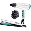 Haartrockner REMINGTON "Shine Therapy S8500GP Geschenk-Set", grün (weiß, türkis), HaartrocknerB:33,2cm H:30cm T:11,5cm, Kunststoff, Geschenk-Set, bestehend aus Haarglätter mit Keramikbeschichtung und Haartrockner, B:33,2cm H:30cm T:11,5cm