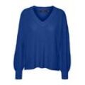 V-Ausschnitt-Pullover VERO MODA "VMZIA LS V-NECK PULLOVER BOO", Damen, Gr. XS (34), blau (surf the web), Strick, Rippstrick, Obermaterial: 70% Polyester, 25% Polyacryl, 5% Polyamid, unifarben, modisch, V-Ausschnitt, Langarm Rippstrickbündchen, Pullover