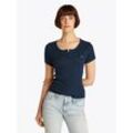 T-Shirt TOMMY JEANS "TJW SLIM BUTTON RIB C-NECK SS", Damen, Gr. XS (34), blau (schwarz night navy), Rippware, Obermaterial: 100% Baumwolle, unifarben, casual, slim fit kurz, Rundhals, Kurzarm abgesteppt, Shirts, mit Knöpfen