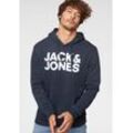 Kapuzensweatshirt JACK & JONES "CORP Logo Hoodie", Herren, Gr. M (48), blau (navy blazer), Obermaterial: 61% Polyester, 39% Baumwolle, bedruckt, modisch, normal, Rundhals, Langarm Bündchen, Sweatshirts, mit Logoprint