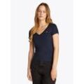 T-Shirt TOMMY JEANS "TJW SLIM V-NECK TEE", Damen, Gr. S (36), blau (schwarz night navy), Single Jersey, Obermaterial: 100% Baumwolle, unifarben, Basic, slim fit hüftlang, V-Ausschnitt, Kurzarm abgesteppt, Shirts, mit Logo-Stickerei