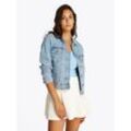 Jeansjacke TOMMY JEANS "CLASSIC TRUCKER JACKET BI8110", Damen, Gr. L (40), blau (denim light), Denim/Jeans, Obermaterial: 99% Baumwolle, 1% Elasthan, unifarben, casual, regular fit kurz, Langarm Ärmel mit Ärmelschlitz 1-Knopf-Manschette, Jacken, mit Brusttaschen, Logo-Badge