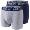 Boxershorts REPLAY "BOXER Style 01/C Basic Cuff Logo 2pcs Box", Herren, Gr. L, grau (grau, blau), Jersey, Obermaterial: 95% Baumwolle, 5% Elasthan, unifarben, Unterhosen, mit Logoschriftzug am elastischen Bund