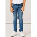 Slim-fit-Jeans NAME IT "NKMTHEO XSLIM JEANS 1090-IO NOOS", Jungen, Gr. 158, N-Gr, blau (medium blau denim), Denim/Jeans, Obermaterial: 75% Baumwolle, 18% Polyester, 6% Viskose, 1% Elasthan, Abriebeffekte, modisch, slim fit, Jeans