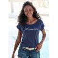 T-Shirt BEACHTIME "mit Frontdruck "Never too late"", Damen, Gr. 40/42, blau (marine), Obermaterial: 100% Baumwolle, bedruckt, casual, bequem normal, Rundhals, Kurzarm mit Aufschlag, Shirts, aus weicher Baumwoll-Qualität