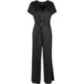 Jumpsuit URBAN CLASSICS "Urban Classics Damen Ladies Satin Wide Leg Belt Jumpsuit", Damen, Gr. L, US-Größen, schwarz, 95% Polyester, 5% Elasthan, unifarben, loose fit, Kurzarm, Overalls