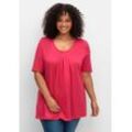 T-Shirt SHEEGO "Große Größen", Damen, Gr. 40/42, pink (magenta), Obermaterial: 50% Baumwolle, 50% Modal, unifarben, casual, figurumspielend lang, Rundhals, Kurzarm, Shirts, in A-Linie, mit Kellerfalten am Ausschnitt