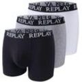 Boxershorts REPLAY "BOXER Style 01/C Basic Cuff Logo 3pcs Box", Herren, Gr. M, weiß (schwarz, grau, weiß), Jersey, Obermaterial: 95% Baumwolle, 5% Elasthan, unifarben, Unterhosen, mit Logoschriftzug am elastischen Bund