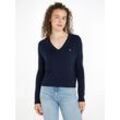 Strickpullover TOMMY JEANS "TJW ESSENTIAL VNECK SWEATER EXT", Damen, Gr. S (36), blau (schwarz night navy melange), Strick, Obermaterial: 53% Baumwolle, 40% Viskose, 7% Polyamid, meliert, Basic, regular fit hüftlang, V-Ausschnitt, Langarm Bündchen, Pullover, mit Logostickerei