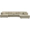 Wohnlandschaft FLEXLUX "Lovane, u-Form, bequem und komfortabel", beige (sandy beige), B:399cm H:84cm T:272cm, 100% Polyester, Sofas, Weich & anschmiegsam, große Sitztiefe auf Kaltschaum, Dekokissen inkl.