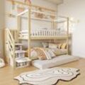 Okwish - Etagenbett für Kinderbett 90200 cm, Massivholz-Doppelbett, Hausform, Sicherheitsgitter-Design, mit Staufach und Sicherheitsleiter, mit