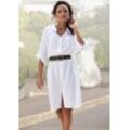 Longbluse LASCANA, Damen, Gr. 34, weiß, Web, Obermaterial: 58% Viskose, 28% Baumwolle, 14% Leinen, unifarben, casual, sehr figurbetont kniebedeckend, V-Ausschnitt, 3/4-Ärmel mit Riegel krempelbar, Blusen, aus leichter Webware mit Leinenanteil, luftiges Blusenkleid