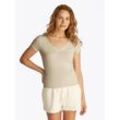 T-Shirt TOMMY JEANS "TJW SLIM V-NECK TEE", Damen, Gr. L (40), beige (newsprint), Single Jersey, Obermaterial: 100% Baumwolle, unifarben, Basic, slim fit hüftlang, V-Ausschnitt, Kurzarm abgesteppt, Shirts, mit Logo-Stickerei