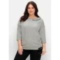 Langarmshirt SHEEGO "Große Größen", Damen, Gr. 40/42, grau (grau meliert), Obermaterial: 85% Baumwolle, 15% Viskose, unifarben, casual, figurumspielend normal, Rundhals, 3/4-Ärmel, Shirts, mit Bindeband am Saum