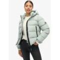 Steppjacke SUPERDRY "HOODED SPORTS PUFFER JACKET", Damen, Gr. S, grau (puritan grau), Web, Obermaterial: 100% Polyester, unifarben, casual, relaxed fit, Langarm, Jacken