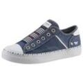 Slip-On Sneaker MUSTANG SHOES "Schlupfschuh, Freizeitschuh", Damen, Gr. 44, blau (jeansblau), Textil, sportlich, Schuhe, Slipper, Schlupfschuh, Freizeitschuh mit praktischem Gummizug