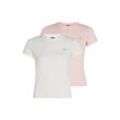 T-Shirt TOMMY JEANS "TJW 2PACK C-NECK TEE", Damen, Gr. L (40), ecru, precious pink, Single Jersey, Obermaterial: 100% Baumwolle, unifarben, casual, slim fit hüftlang, Rundhals, Kurzarm abgesteppt, Shirts, mit Logo-Stickerei