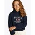 Kapuzensweatshirt TOMMY HILFIGER "HILFIGER SEQUIN FLAG HOODIE", Mädchen, Gr. 7 (122), blau (schwarz night navy), Sweatware, Obermaterial: 68% Baumwolle, 32% Polyester, unifarben, bequem, Langarm elastischer Bund, Sweatshirts, mit Pailetten, mit Logostickereien